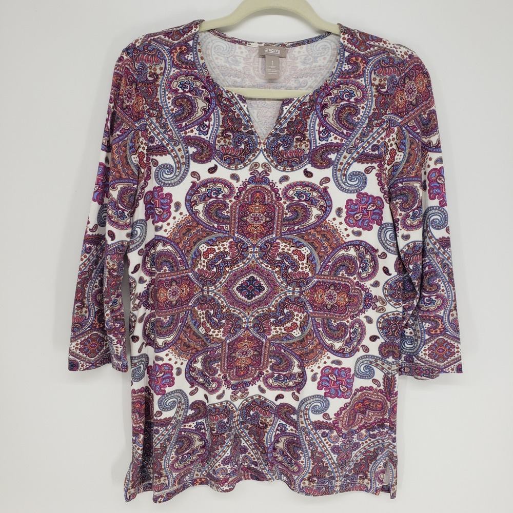 Chicos Paisley Shirt Women Size 1 M Cream Pink 3/4 Sleeve Cotton Modal Bohoโ